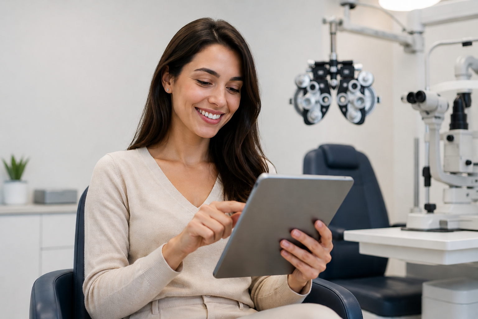 Profissional de saúde usando tablet em clínica optométrica